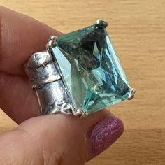 Stunning Vintage Ring With A Very Large Emerald Cut Blue Crystal Stone That Reminds By Color Of A Good Aquamarine. The Blue Crystal Stone Is Approx. 16x12 Mm In Size ( Do Not Have A Carat Weight ). The Wide Band Is Approx. 14mm Wide Up Front And Tapers Down To Approx. 6.5 Mm Wide In The Back Of The Ring. There Are Several Sort Of Marks Inside The Band That Look Like A Remnants Of A Hallmark, But I Did Not Find A Full Sterling Stamp, However The Ring Has Been Tested And Guaranteed Sterling Silver Blue Crystals Stones, Large Stone Rings, Wide Band Ring, Wide Band Rings, Put A Ring On It, Aquamarine Blue, Moonstone Ring, Crystal Stone, Vintage Ring