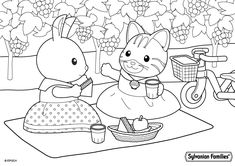 a cartoon cat and dog sitting on the ground in front of a basket full of food