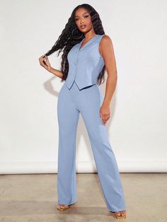 Ladies' Summer Casual Solid Color Vest & Long Pants Suit Baby Blue Elegant   Knitted Fabric Plain  Slight Stretch All Women Clothing, size features are:Bust: ,Length: ,Sleeve Length: Blue Stretch Sets With Pockets, Blue Fitted Sets With Long Pants, Blue Trousers Sets For Spring, Blue Pant Set For Spring Workwear, Fitted Full-length Light Blue Pants, Fitted Light Blue Pants, Fitted Blue Pantsuit With Pockets, Fitted Light Blue Full Length Pants, Fitted Full Length Light Blue Pants