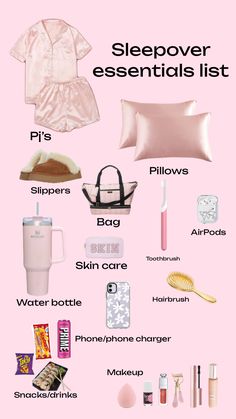 a pink poster with the words sleepover essentials list