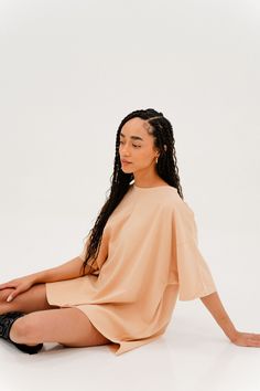 Our oversized t-shirt dress is the perfect cozy/casual dress. You can wear it by itself as a dress or with our V Cute Leather Pants as an oversized tee. Color: Peach Care: Delicate wash cold, lay flat to dry. 25” from the neck to the bottom front 30.5” from neck to bottom of back based on size small Material: 100% Cotton Lbd Dress, Oversized T Shirt Dress, V Cute, Oversized T Shirt, Oversized Tee, Getting Cozy, Oversized Tshirt, T Shirt Dress, Lay Flat