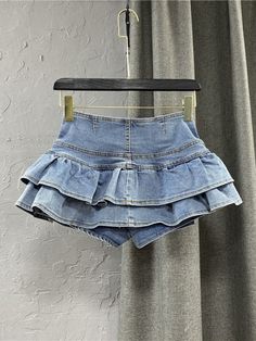 Blue Denim Ruffled Skort | Handong - Dreamcatcher Blue XL Handong Dreamcatcher, Fashion Chingu, Wrap Skort, Denim Skort, Concert Stage, Wendy Red Velvet, Cute Simple Outfits, Zipper Detail, Black Bow