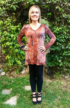 Plus Size Woman, Tunic Top, Tunics, Plus Size Tops, Plus Sizes, Split Bottom Tunic, Dyed Brown Rust, Bohemian Hand Dyed Tops For Fall, Vertical Pattern, Black Tunic Tops, Tie Dye Tunics, Tie Dye Maxi, Black Tunic, Black Long Sleeve Top, Plus Size Maxi, Women Tunic Tops