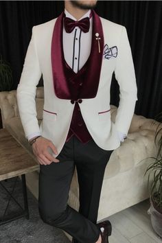 White Tailored Suits For Ceremony, White Custom Fit Three-piece Suit For Semi-formal, Red Fitted Tuxedo For Wedding, White Custom Fit Tuxedo For Groom, Custom Fit White Tuxedo For Groom, White Slim Fit Blazer For Wedding, Red Fitted Suits For Wedding, White Notch Lapel Suits For Ceremony, White Notch Lapel Suit For Ceremony