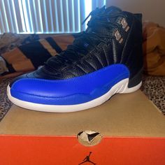 Air Jordan 12 Retro Women’s Size 10.5 Brand New Blue Custom Sneakers With Contrast Sole For Light Sports, Blue Basketball Shoes With Contrast Sole For Casual Use, Blue Running Sneakers With Contrast Sole, Blue Sneakers With Contrast Sole For Running, Jordan Shoes With Boost Midsole And Synthetic Material, High-top Blue Running Shoes With Air Cushioning, Jordan Mid-top Shoes With Air Cushioning, Mid-top Synthetic Jordan Shoes With Air Cushioning, Blue Synthetic High-top Sneakers For Light Sports