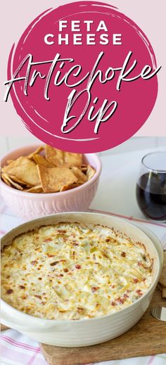 an artichoke dip with tortilla chips on the side and a bowl of crackers next to it