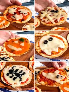 the process of making halloween pizzas with cheese and black olives on them is shown