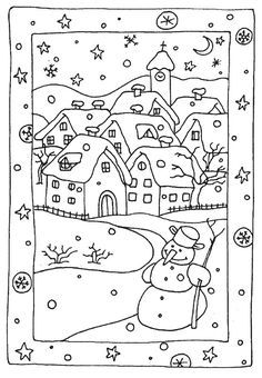 a black and white drawing of a snowman with houses in the background