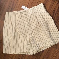 High Rise, Pen Stripe, Cotton Linen Blend, Pockets In Front And Back Shorts. Never Worn. Chic High Waist Striped Shorts, Chic Striped High-waisted Shorts, Summer High-waisted Shorts For Work, Casual Lined Bottoms For Summer, Lined Cotton Bottoms For Summer, Casual Lined Bottoms For Spring, Summer Cotton Lined Bottoms, Summer Lined Cotton Bottoms, High Waist Summer Workwear Shorts