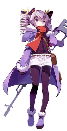 an anime character with purple hair holding a shovel and wearing a red scarf, standing in front of a white background