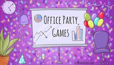 an office party game board with balloons and confetti