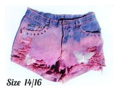 Upcycled Bleach Dyed pink  Purple denim shorts .by Lee                                                             If you want a unique one of a kind piece of Art clothing that will turn heads and get many great complements on, this is it. Click on   (   MORE   )  to see full DESCRIPTION and MEASUREMENTS  Wear with a floral print tee and espadrille sandals to keep the look casual. DESCRIPTION  * BRAND ---------------- Lee * ADD ON--------------- Purple Crystal studs on pockets * ADD ON---------- Grunge Summer Festival Bottoms, Pink Distressed Cotton Bottoms, Distressed Pink Cotton Bottoms, Pink Jean Shorts For Summer, High-waisted Pink Jean Shorts For Summer, High Waist Pink Jean Shorts For Summer, Spring Festival Fitted Jean Shorts, Fitted Jean Shorts For Spring Festival, Fitted Distressed Jean Shorts For Spring