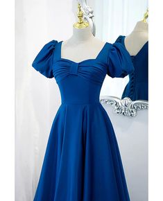 Noble and elegant blue satin retro square neck short sleeved ball dress with blue backless strap and floor length evening dress Floor Length Evening Dress, Evening Dress Floor Length, Dress Backless, Blue Satin, Ball Dresses, Square Neck, Evening Dress, Floor Length, Backless Dress