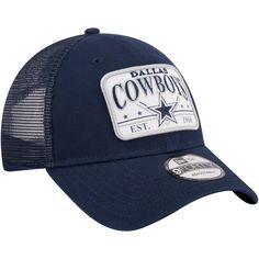 Keep your Dallas Cowboys fandom rolling along for the long haul with this Plate Trucker 9FORTY hat from New Era. It features the team name, logo and founding year displayed across the front. Mesh panels provide a breezy feel, and a snap closure makes adjusting the fit of this Dallas Cowboys cap quick and simple. Brand: New Era Officially licensed Material: 100% Polyester Structured fit Two solid front panels with eyelets Snap Closure Curved bill Mid Crown Wipe clean with a damp cloth Imported Em Throwback Trucker Hat For Sports Events, Snapback Trucker Hat With Team Logo, Team Logo Baseball Cap For Fans, Baseball Cap With Team Logo For Fans, Throwback Trucker Hat For Sports, Baseball Season Sports Trucker Hat With Team Logo, Team-colored Trucker Hat With Curved Bill, Collegiate Trucker Hat With Curved Bill For Fans, Collegiate Trucker Hat With Flat Bill For Fans