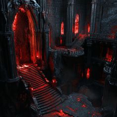 a dark castle with red light coming from the entrance and steps leading up to it