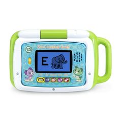 an electronic toy that is green and white with elephants on the screen, sitting in front of a white background