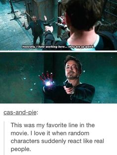 the avengers movie scene is shown in two different frames, one with an iron man pointing at