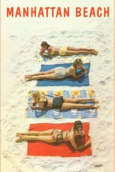 three women laying on towels in the sand with their backs to each other, and one woman wearing a bathing suit