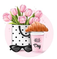 pink tulips in a white vase with sunglasses and a croissant next to a coffee cup