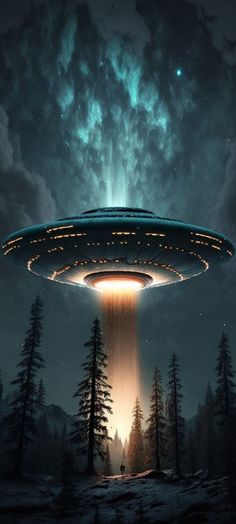 an alien spaceship flying over a forest under a night sky filled with stars and clouds