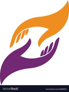 two hands holding each other with orange and purple