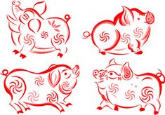 four red pigs with different designs on them