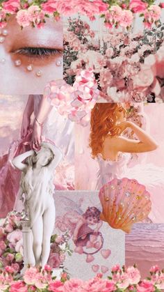 an artistic collage with pink flowers and mermaids