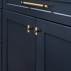 a close up view of the handles on a blue cabinet with brass pulls and knobs