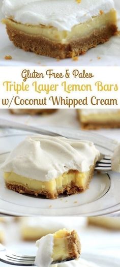 there is a slice of lemon bars with whipped cream on top