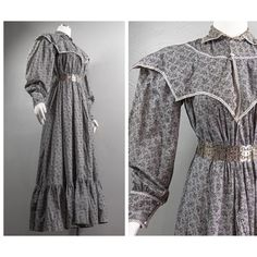 "This is a wonderful late 1890s early 1900s calico cotton wrapper dress. The print is little flower bundles in black on a gray with a white center. The dress has a little collar and buttons down the front. There is a super fun and whimsical little yoked capelet that falls just past the bust with bat wing points scalloping around the edges. The sleeves on the wrapper are also fun. They are large full sleeves with just a little more puff at the shoulder and are cuffed at the wrist. They are loose- Edwardian Wrapper, Daywear Victorian Dress With Lace Patchwork, Black Edwardian Dress, Wrapper Dress, Long Sleeve Victorian Cotton Dress With Lace Trim, 1890s Dress Poor, 1890s Black Dress, Edwardian Striped Dress, Star Catcher