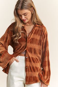 Pumpkin Spice Velvet Smocked Top | JQ Clothing Co. Brown Long Sleeve Corduroy Top, Brown Corduroy Long Sleeve Top, Long Sleeve Corduroy Tops For Fall, Fall Long Sleeve Corduroy Tops, Winter Velvet Long Sleeve Tops, Rust Long Sleeve Tops For Fall, Velvet Long Sleeve Tops For Fall, Fall Velvet Long Sleeve Tops, Burnt Orange Long Sleeve Winter Top