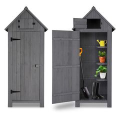 an open wooden storage cabinet with plants and gardening tools in the door, on a white background