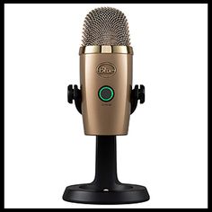 a gold microphone on a black stand