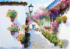 a painting of a street with potted flowers on the side and a lamp post