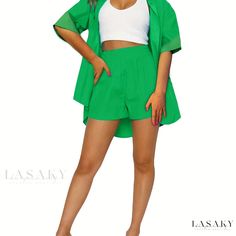 Lasaky - Premium Womens Casual Two-piece Set: Button Front Short Sleeve Shirt & Elastic Waist Shorts, Solid Color, High-Quality Clothing Green Short Sleeve Sets With Buttons, Casual Green Sets With Buttons, Green Button-up Sets For Summer, Green Button-up Summer Bottoms, Trendy Summer Sets With Buttons, Elastic Waist Shorts Outfit, Elastic Waist Shorts, Womens Casual, Two Piece Sets