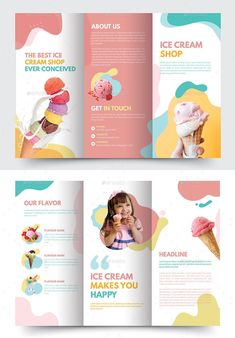 an ice cream shop brochure is shown in three different colors and sizes, including pink