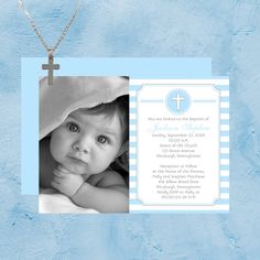 Cross Blue Stripes Boy Photo Baptism Invitation Willow Wood, Baptism Invitation, Baptism Invitations, Boy Photo, Girls Accessories