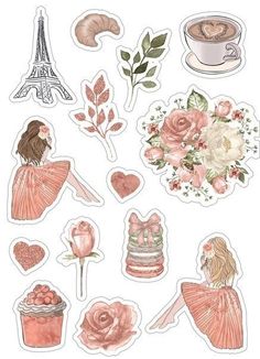 some stickers that are on the back of a white sheet with pink flowers and cupcakes