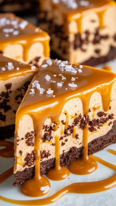 a piece of cheesecake with chocolate and caramel drizzled on top