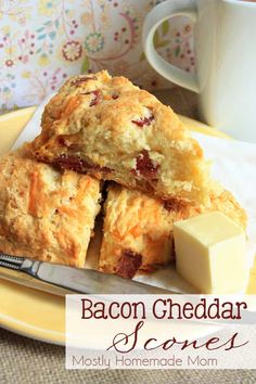 bacon cheddar scones on a yellow plate with butter and a cup of coffee