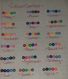 a sheet of paper with writing on it and some different colored buttons in the middle