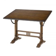 a wooden table with metal legs and a square top on an isolated white background,