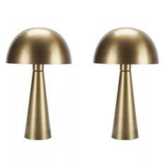 two brass colored lamps on white background