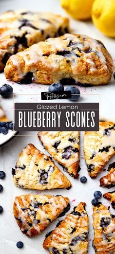 blueberry scones on a plate with lemons and blueberries in the background