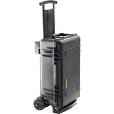 a black rolling case with wheels on white background