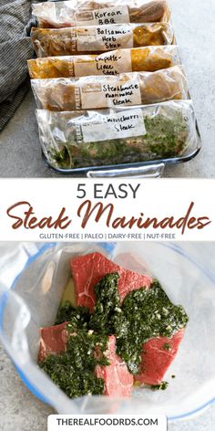 steak marinades in plastic bags with text overlay that says 5 easy steak marinades