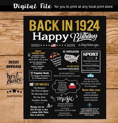 the back in 1994 happy birthday chalkboard sign is displayed on a wooden table with black and