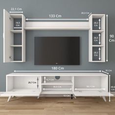 an entertainment center is shown with measurements for the wall unit and shelf space in front of it