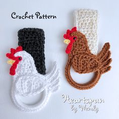 two crocheted chicken headbands are shown next to each other on a white surface