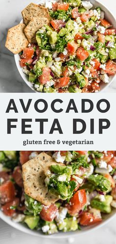 avocado feta dip in a bowl with tortilla chips on the side